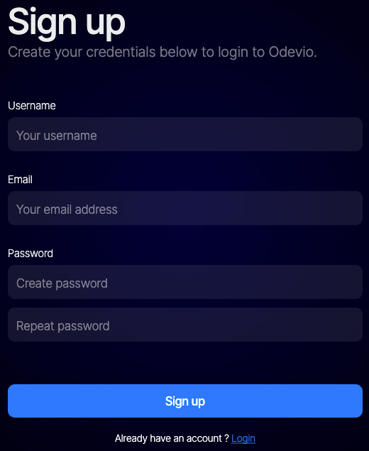 Odevio sign up